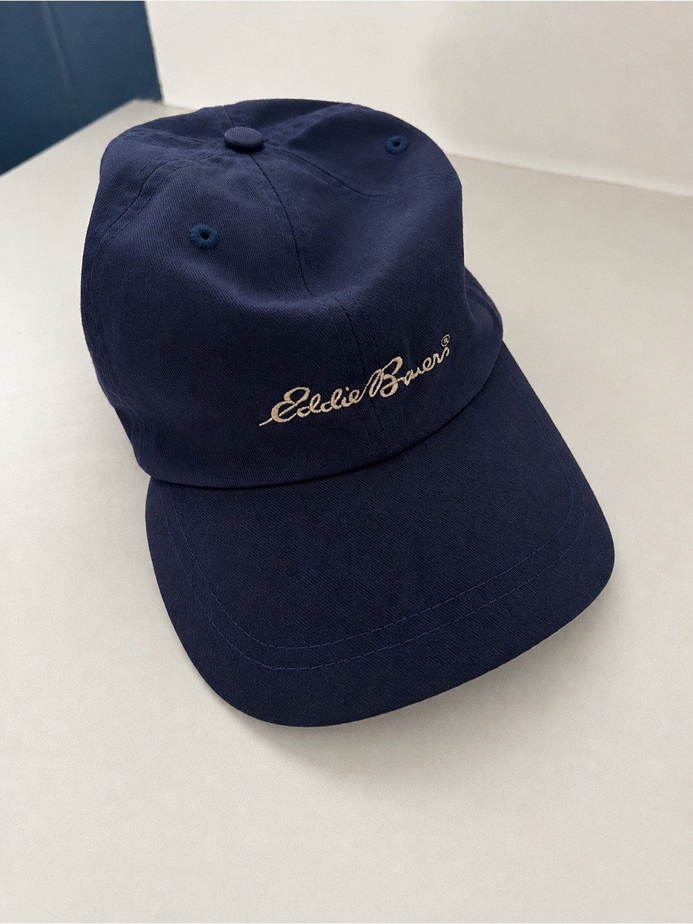 Vintage Eddie Bauer Navy Blue Baseball Hat Cap Strapback Gold Logo one size